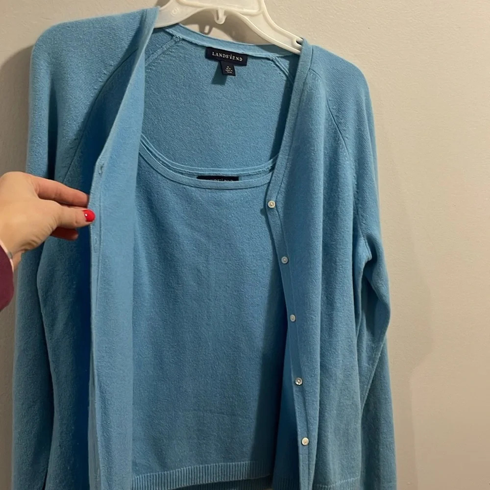 Lands End 2 Piece Baby Blue Tank Top and Open Cardigan Set - Picture 6 of 8